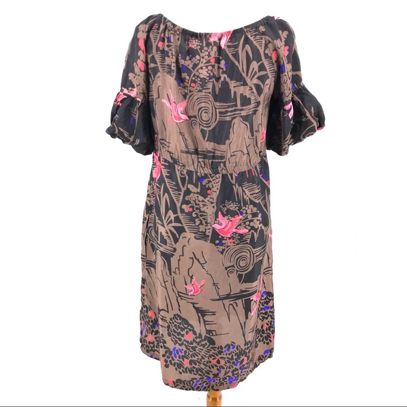 Harkham Brown & Pink 100% Silk Flutter Bell Sleeve Button Down Dress - Picture 4 of 7